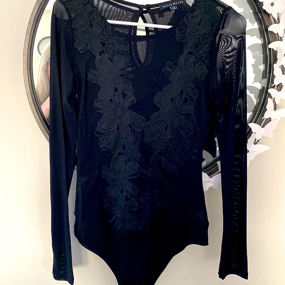 Haute Monde Black embroidered body suit full bottom coverage.